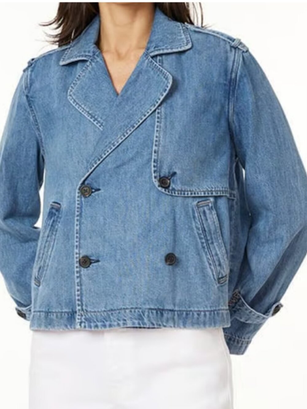 Scotch & Soda Cropped Denim Trench Jacket Womens Medium Blue Double Breasted